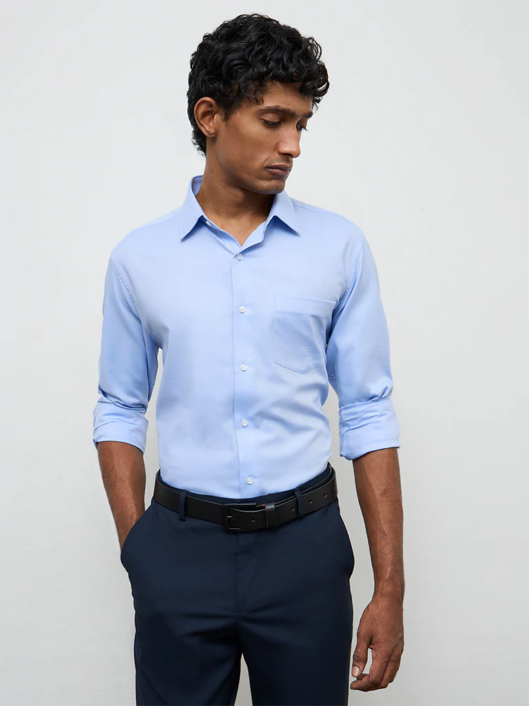 WES Formals Blue Slim-Fit Cotton Shirt