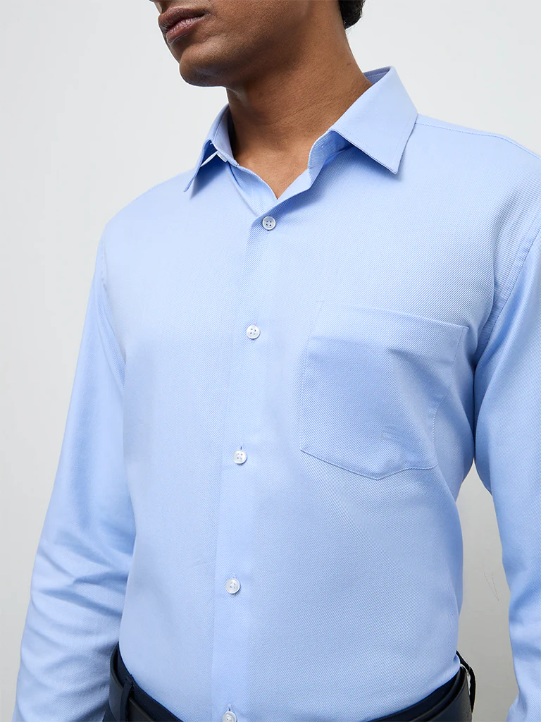 WES Formals Blue Slim-Fit Cotton Shirt - Image 3