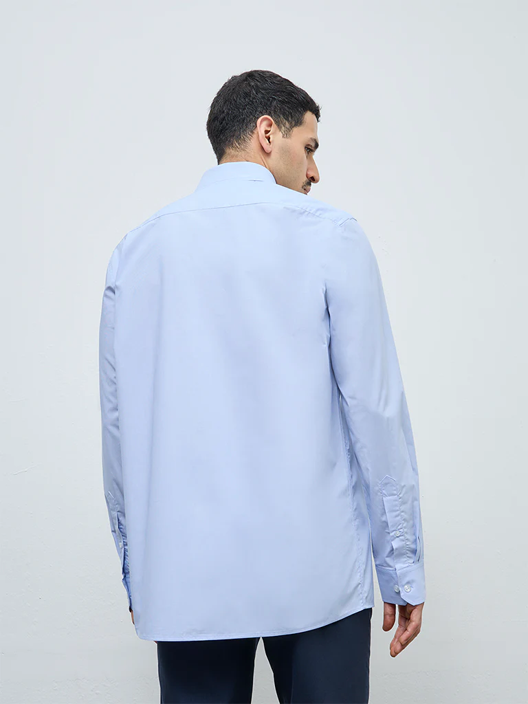 WES Formals Blue Solid Relaxed-Fit Cotton Shirt - Image 4