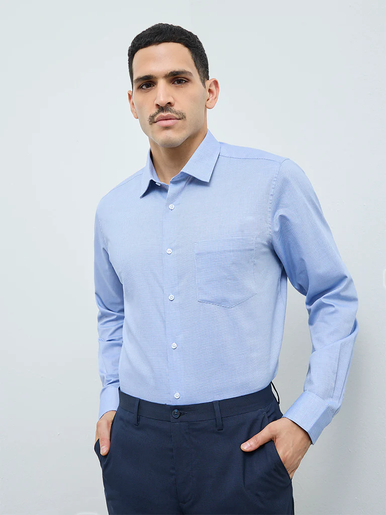 WES Formals Blue Solid Slim-Fit Cotton Shirt