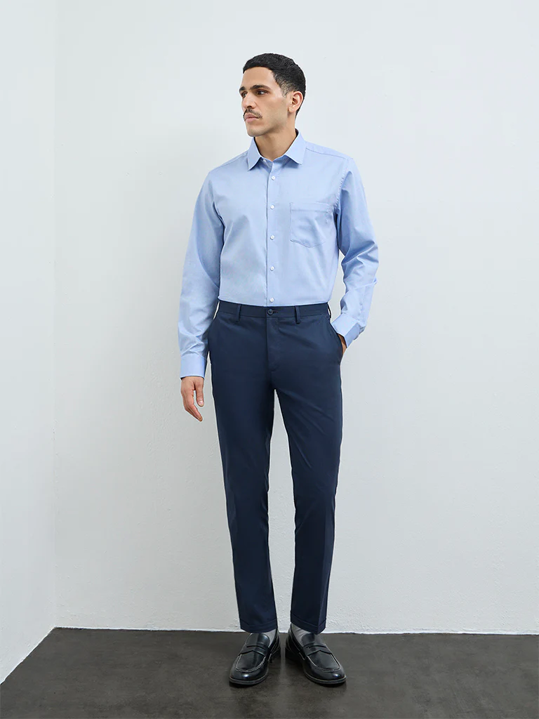 WES Formals Blue Solid Slim-Fit Cotton Shirt - Image 2