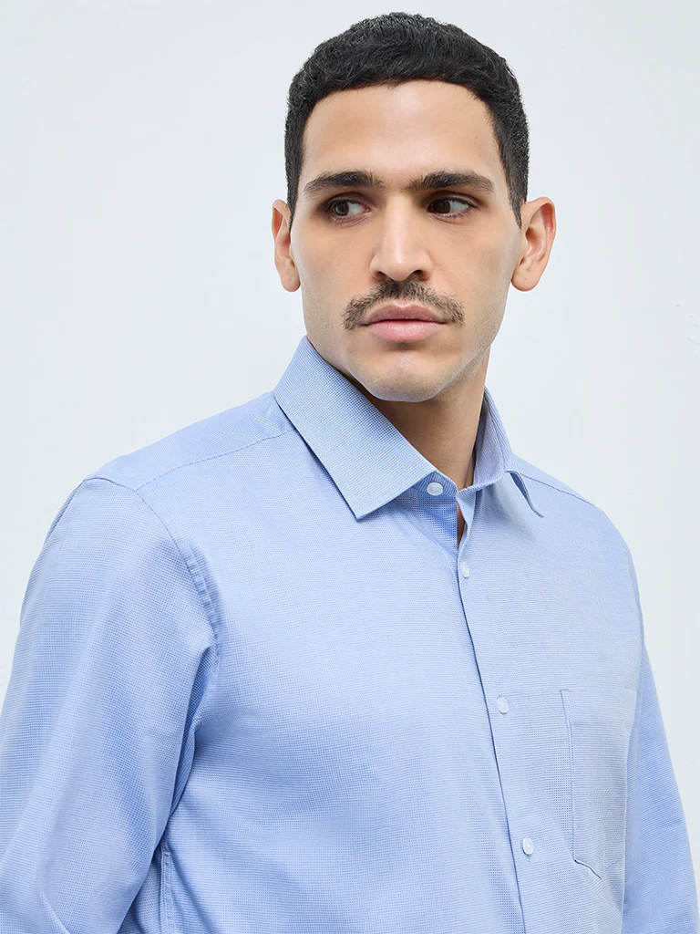 WES Formals Blue Solid Slim-Fit Cotton Shirt - Image 3