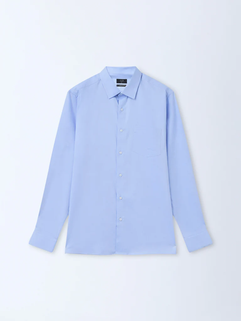 WES Formals Blue Solid Slim-Fit Cotton Shirt - Image 2