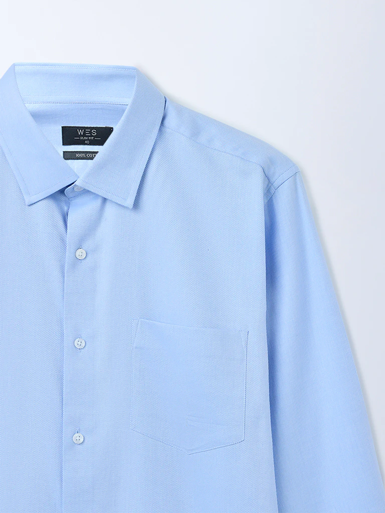 WES Formals Blue Solid Slim-Fit Cotton Shirt - Image 3
