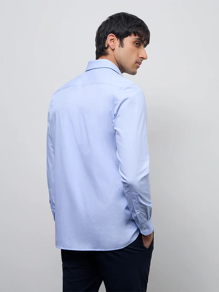 WES Formals Blue Solid Slim-Fit Cotton Shirt - Image 4