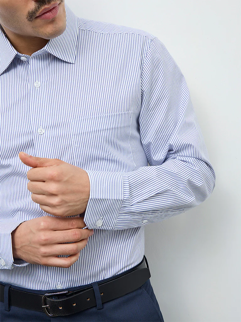 WES Formals Blue Striped Relaxed-Fit Cotton Shirt - Image 3