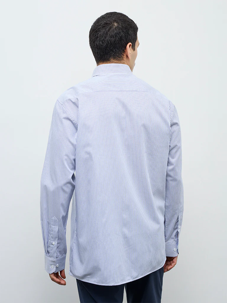 WES Formals Blue Striped Relaxed-Fit Cotton Shirt - Image 4