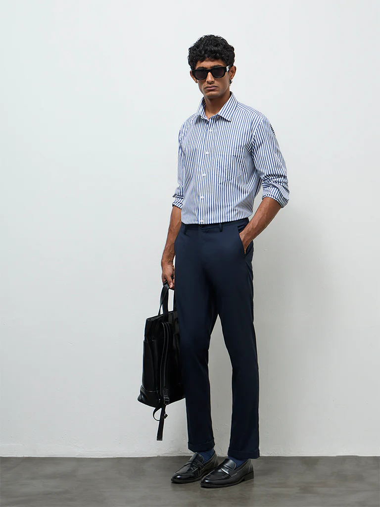 WES Formals Blue Striped Relaxed-Fit Cotton Shirt - Image 2