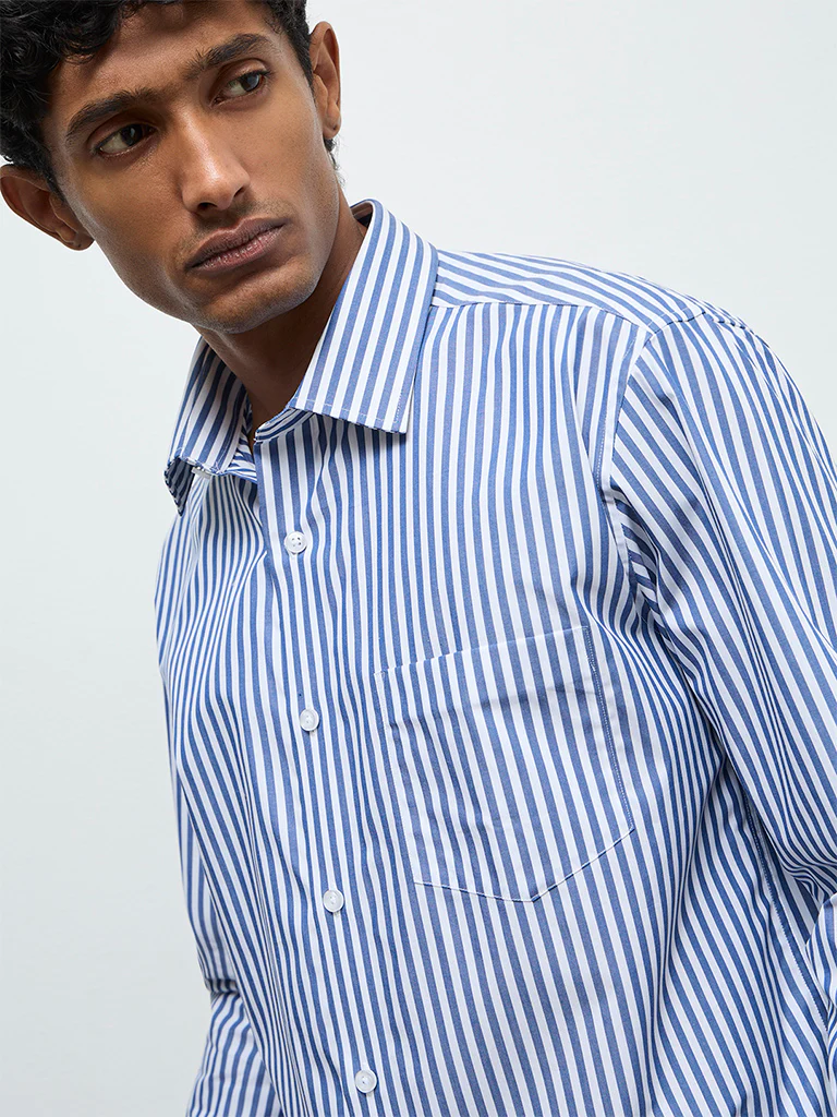 WES Formals Blue Striped Relaxed-Fit Cotton Shirt - Image 3