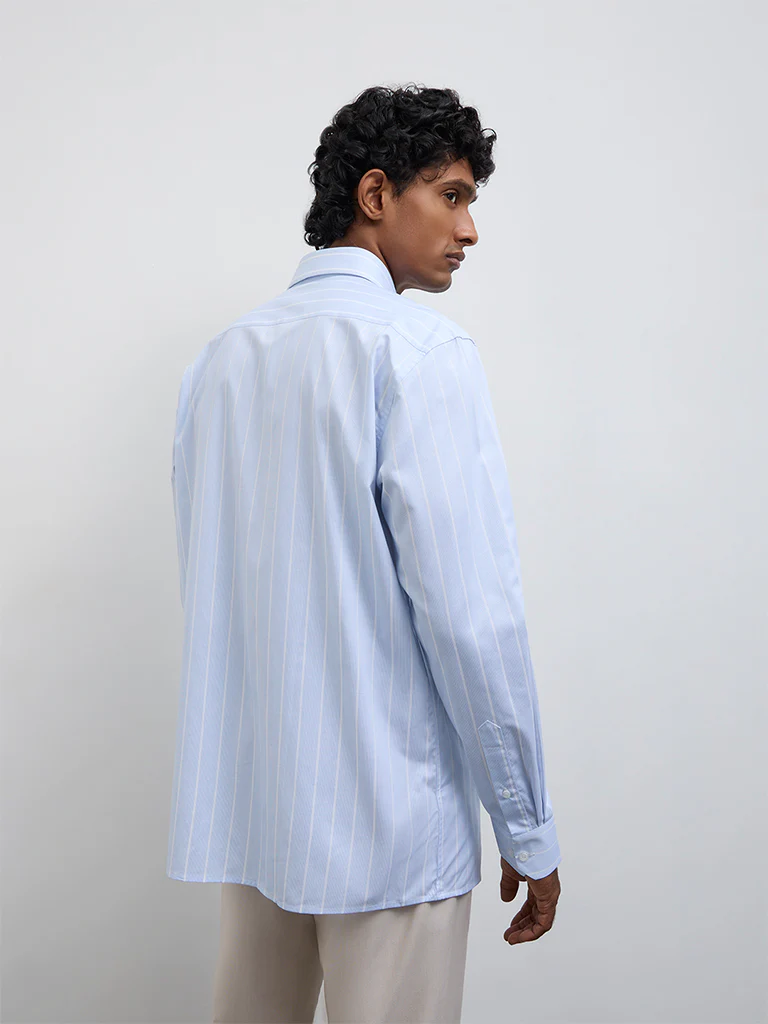 WES Formals Blue Striped Relaxed-Fit Cotton Shirt - Image 3