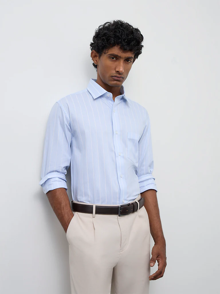 WES Formals Blue Striped Relaxed-Fit Cotton Shirt - Image 4