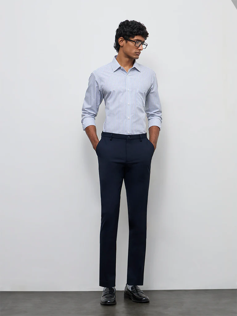 WES Formals Blue Striped Relaxed-Fit Cotton Shirt - Image 2