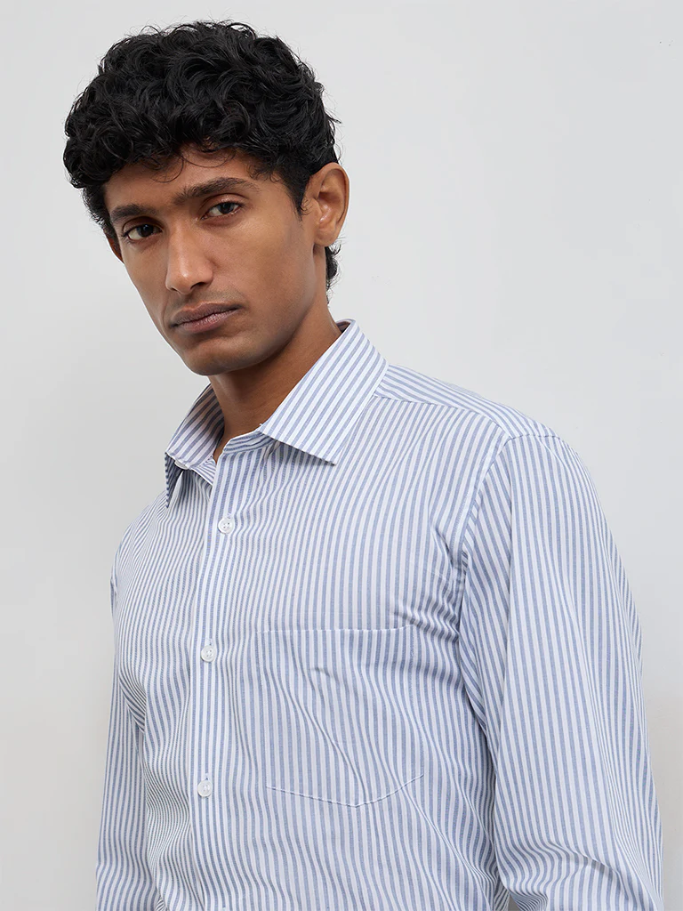 WES Formals Blue Striped Relaxed-Fit Cotton Shirt - Image 3
