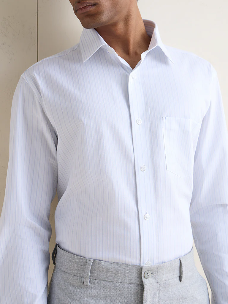 WES Formals Blue Striped Relaxed-Fit Cotton Shirt - Image 3