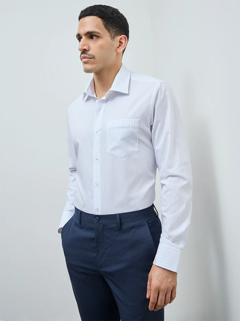 WES Formals Blue Striped Slim-Fit Cotton Shirt