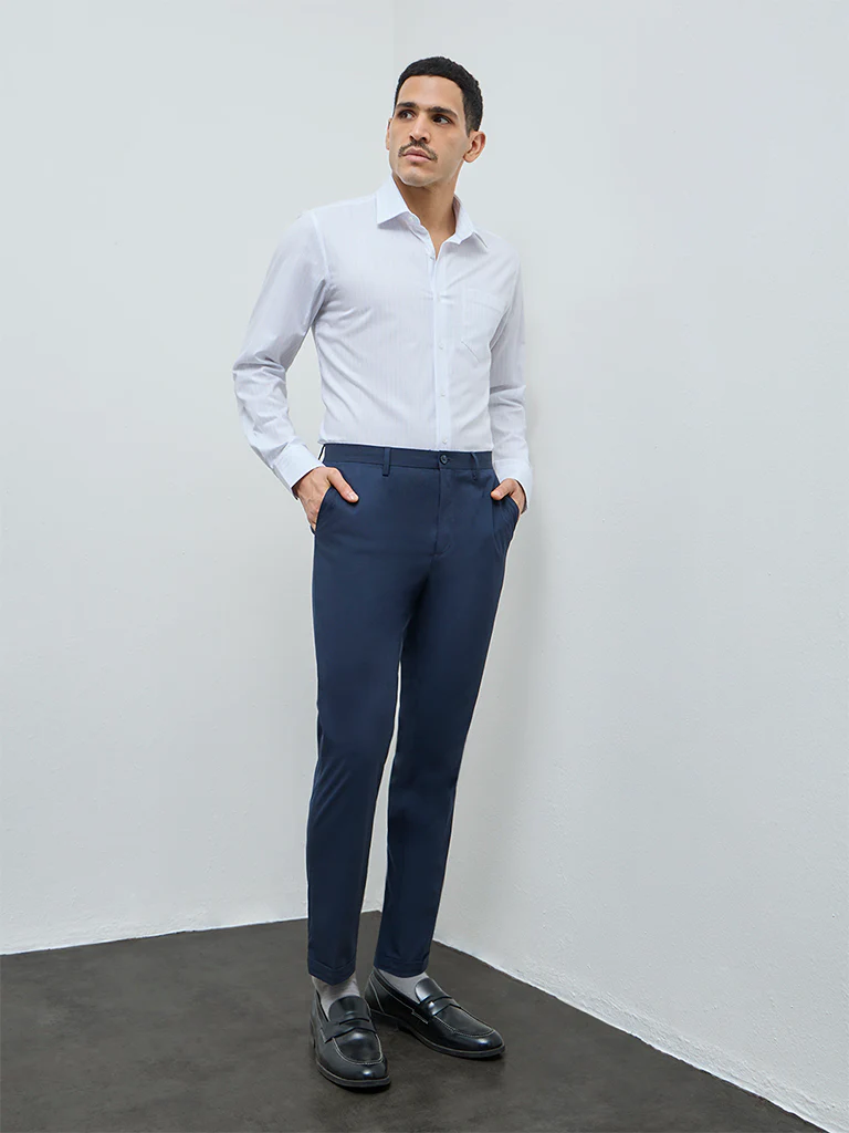 WES Formals Blue Striped Slim-Fit Cotton Shirt - Image 2