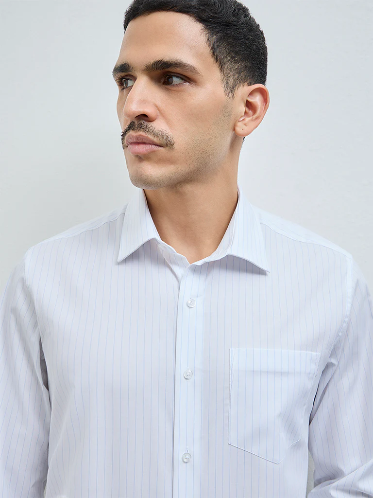 WES Formals Blue Striped Slim-Fit Cotton Shirt - Image 3