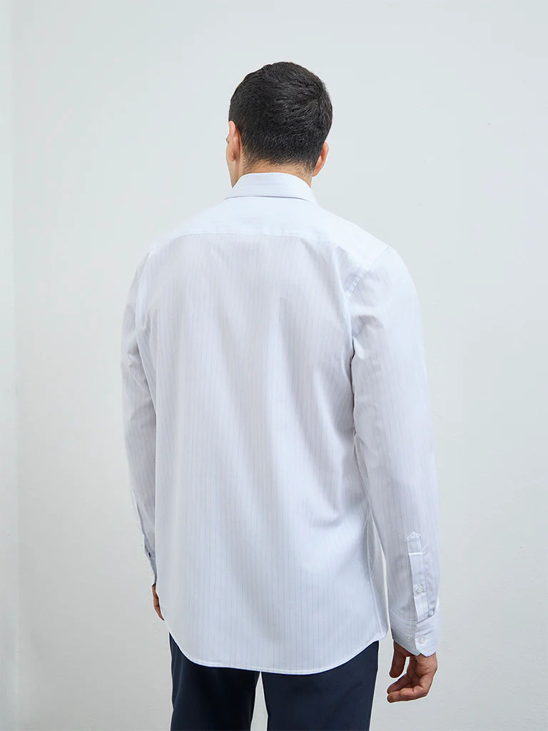 WES Formals Blue Striped Slim-Fit Cotton Shirt - Image 4