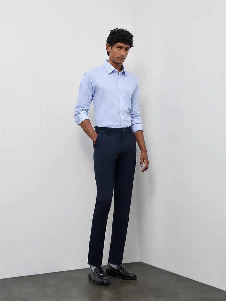 WES Formals Blue Striped Slim-Fit Cotton Shirt - Image 2