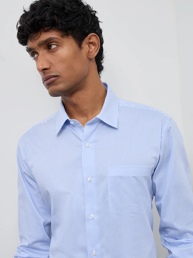 WES Formals Blue Striped Slim-Fit Cotton Shirt - Image 3