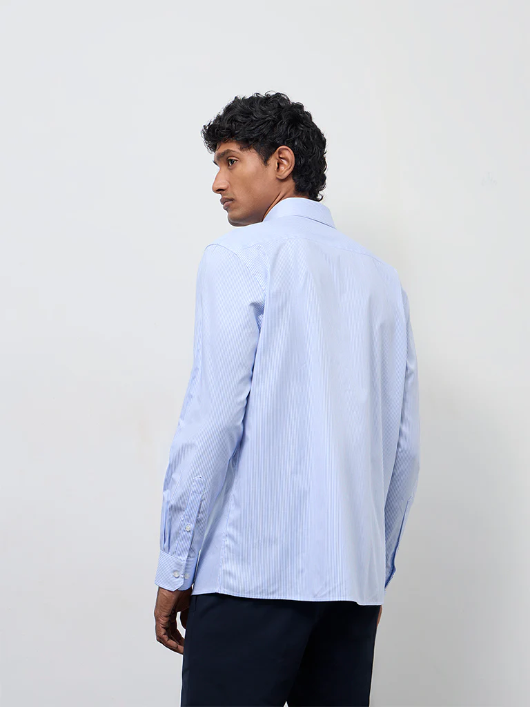 WES Formals Blue Striped Slim-Fit Cotton Shirt - Image 4