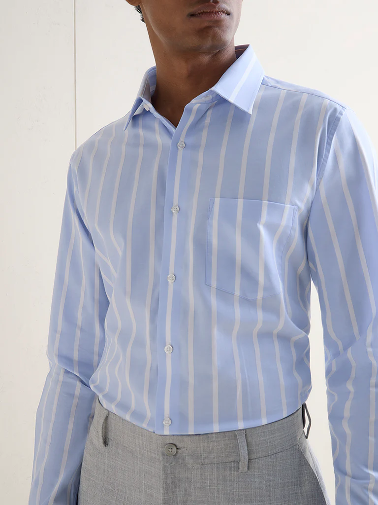 WES Formals Blue Striped Slim-Fit Cotton Shirt - Image 3