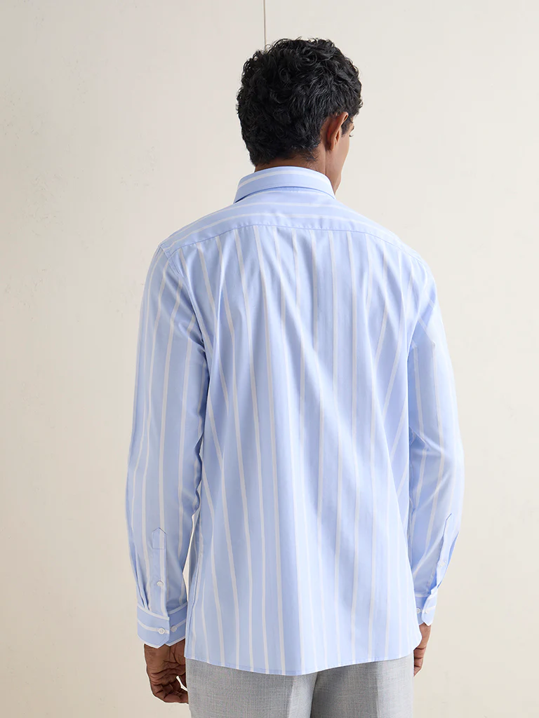 WES Formals Blue Striped Slim-Fit Cotton Shirt - Image 4
