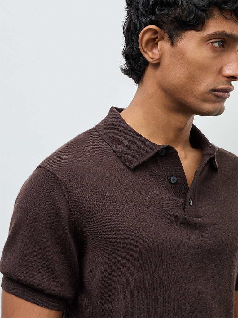 WES Formals Brown Knit-Textured Relaxed-Fit Polo T-Shirt - Image 4