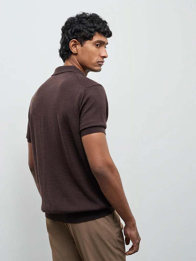 WES Formals Brown Knit-Textured Relaxed-Fit Polo T-Shirt - Image 5