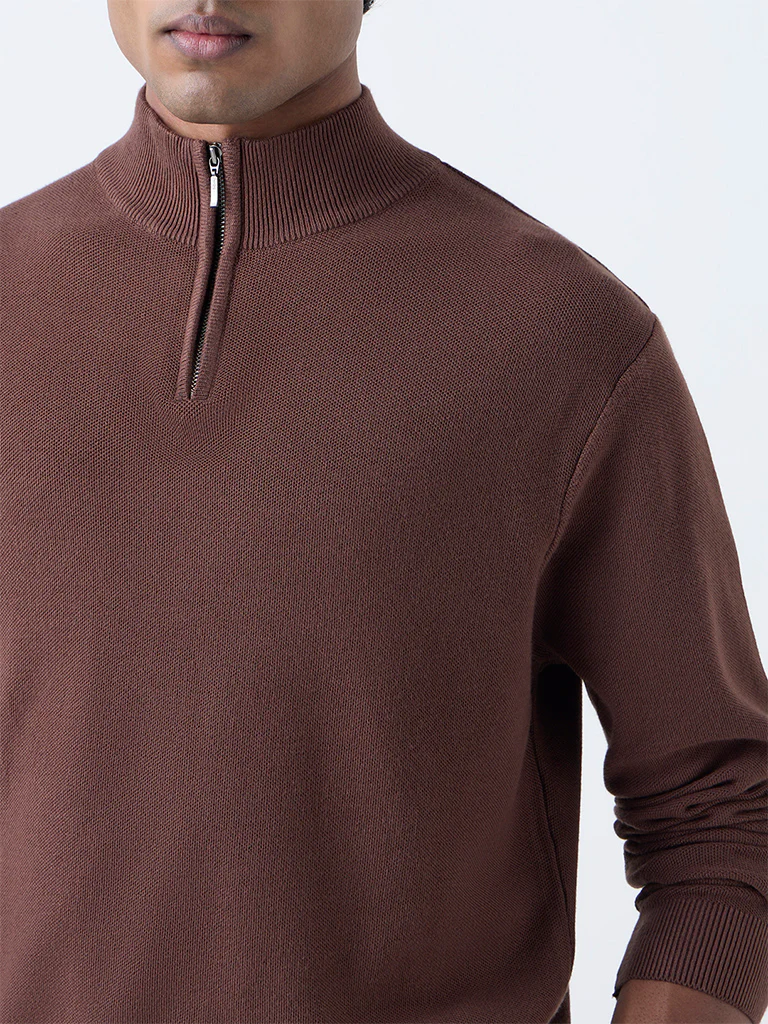 WES Formals Brown Knit-Textured Slim-Fit Quarter-Zip Sweater - Image 3