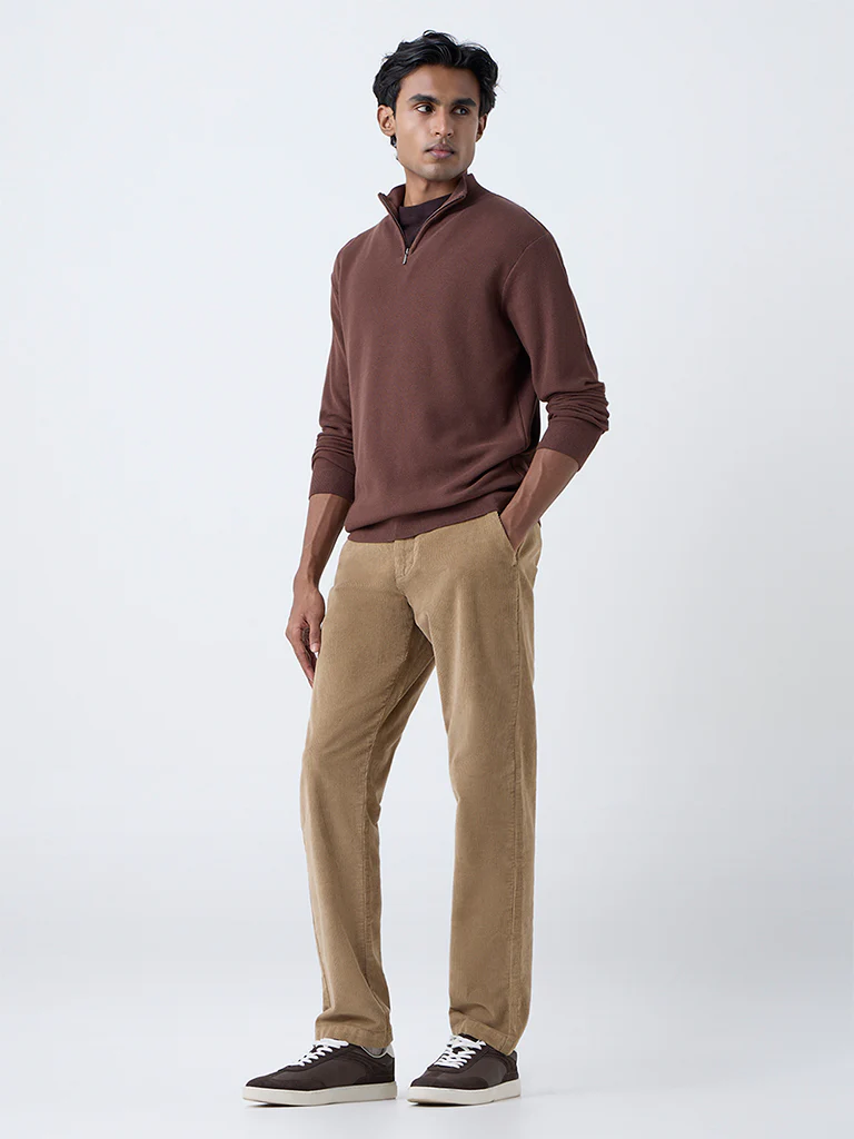 WES Formals Brown Knit-Textured Slim-Fit Quarter-Zip Sweater - Image 4
