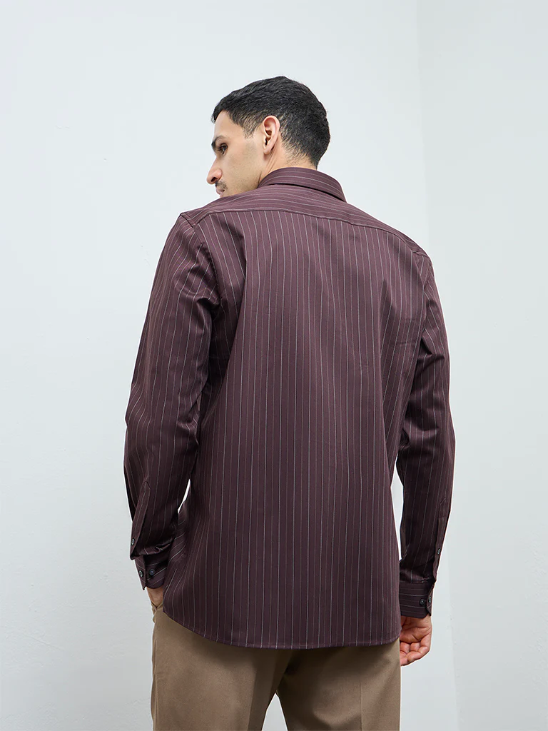 WES Formals Brown Pinstripe Slim-Fit Cotton Shirt - Image 4