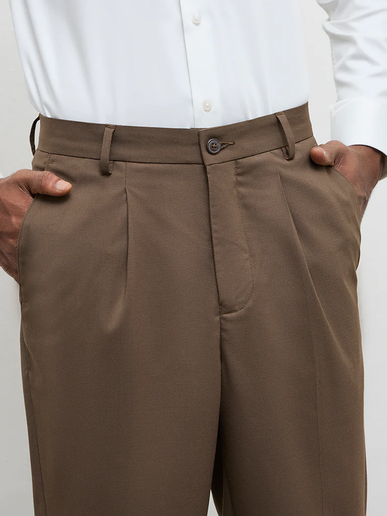 WES Formals Brown Relaxed-Fit Mid-Rise Trousers - Image 3