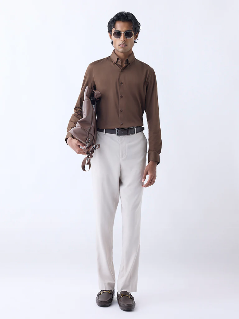 WES Formals Brown Slim-Fit Cotton-Blend Shirt - Image 3