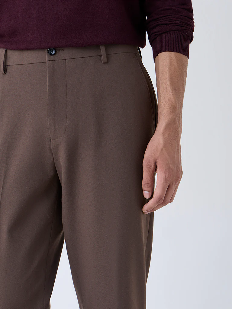 WES Formals Brown Slim-Fit Mid-Rise Trousers - Image 3