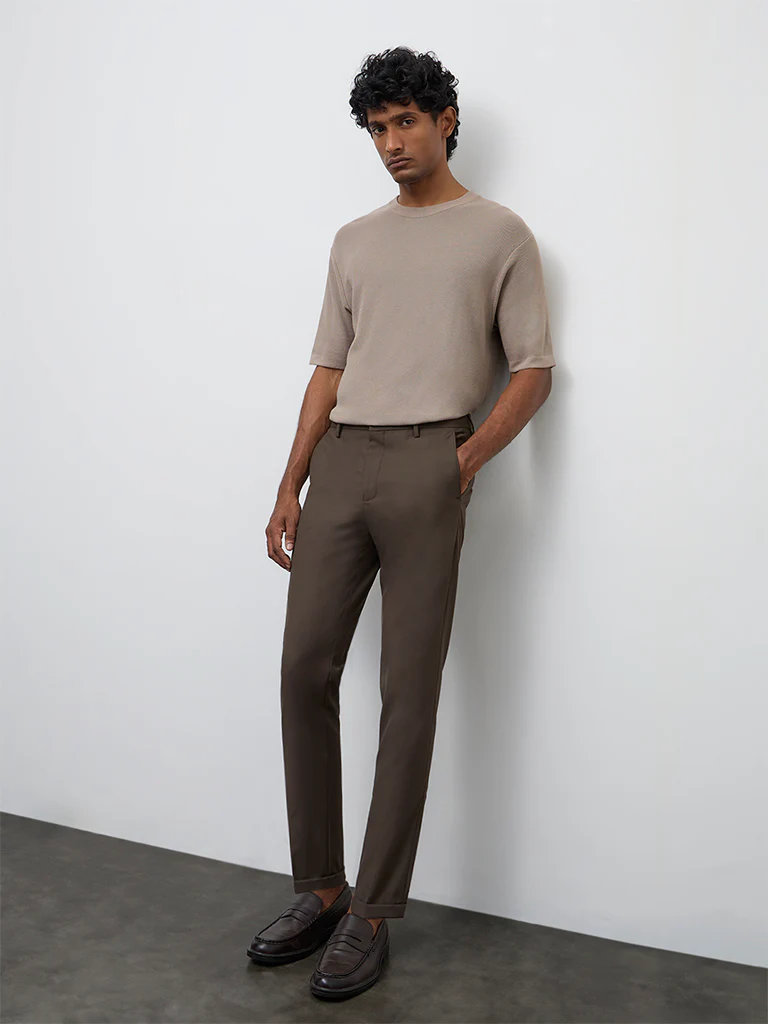 WES Formals Brown Slim-Fit Mid-Rise Trousers