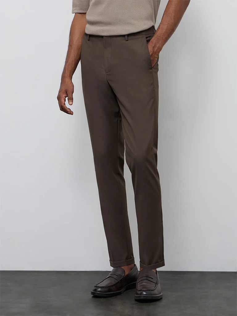 WES Formals Brown Slim-Fit Mid-Rise Trousers - Image 2