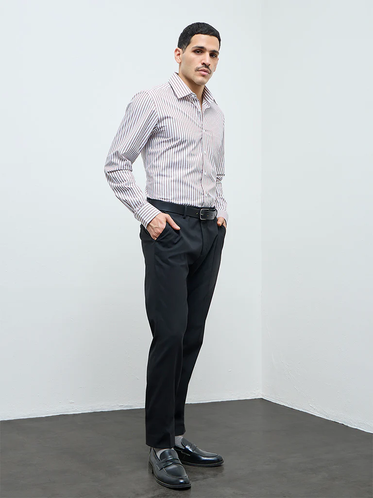 WES Formals Brown Striped Slim-Fit Cotton Shirt - Image 3