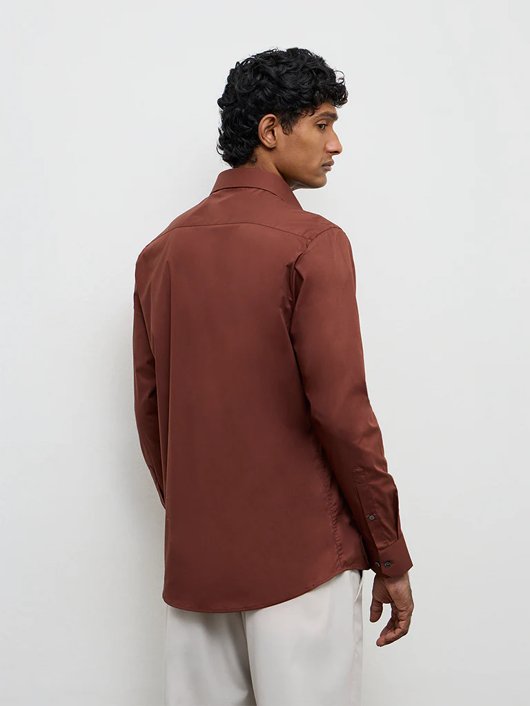WES Formals Brown Ultra Slim-Fit Cotton-Blend Shirt - Image 4