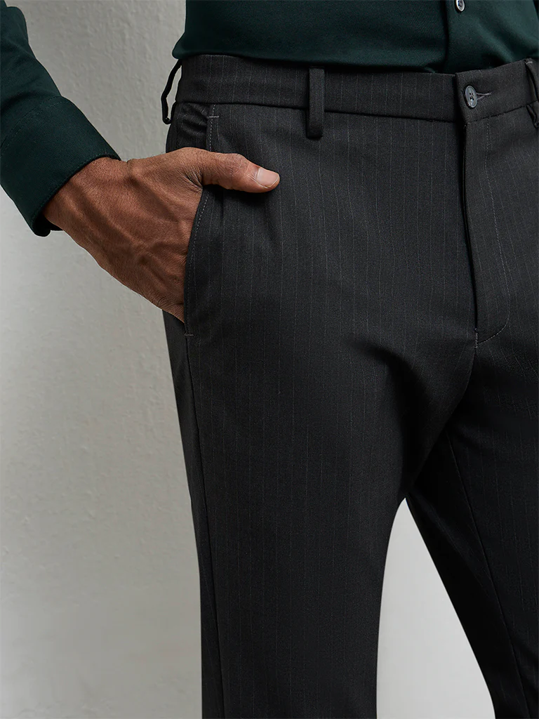 WES Formals Charcoal Pinstripe Relaxed-Fit Mid-Rise Trousers - Image 3