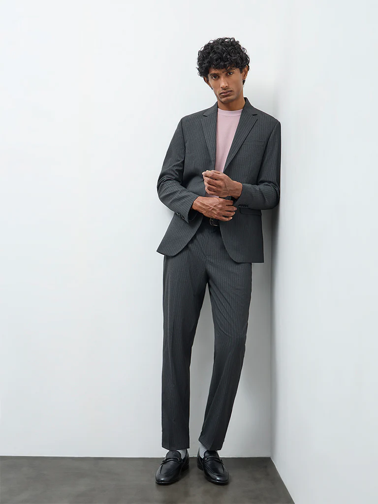 WES Formals Charcoal Pinstriped Slim-Fit Blazer - Image 2