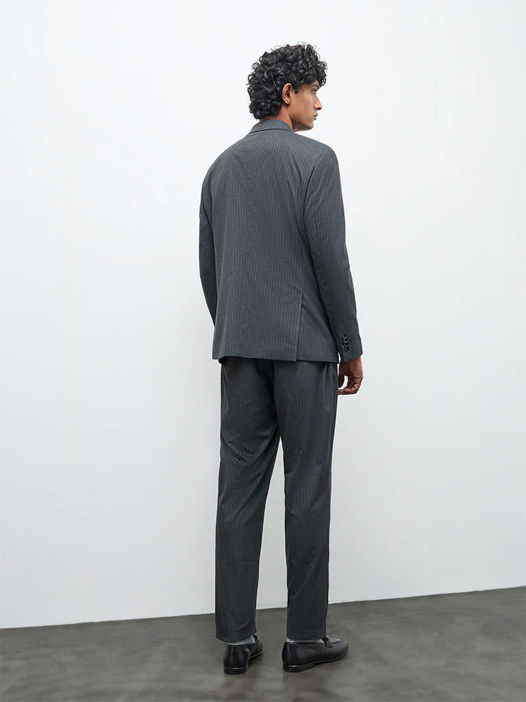 WES Formals Charcoal Pinstriped Slim-Fit Mid-Rise Trousers - Image 4
