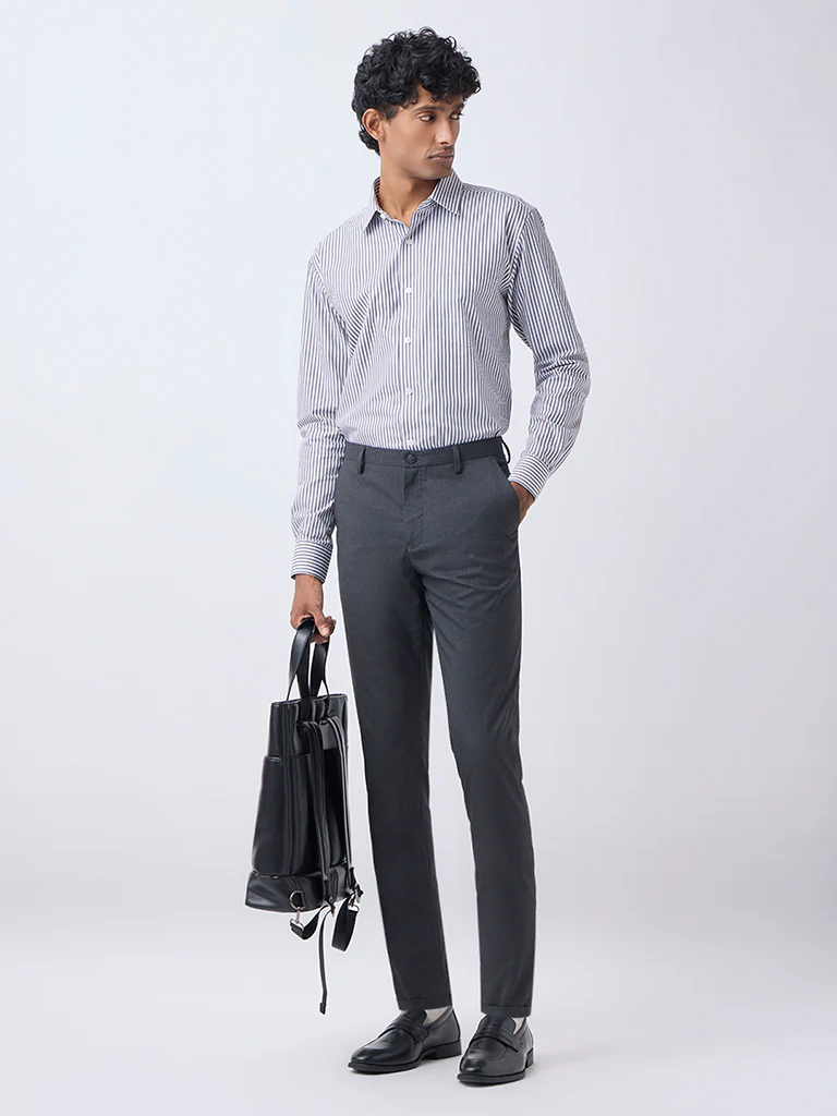 WES Formals Charcoal Slim-Fit Mid-Rise Trousers
