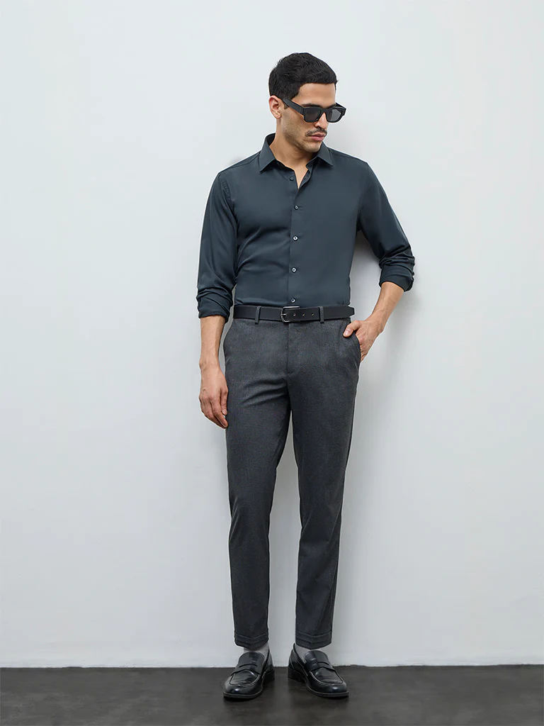 WES Formals Charcoal Slim-Fit Mid-Rise Trousers