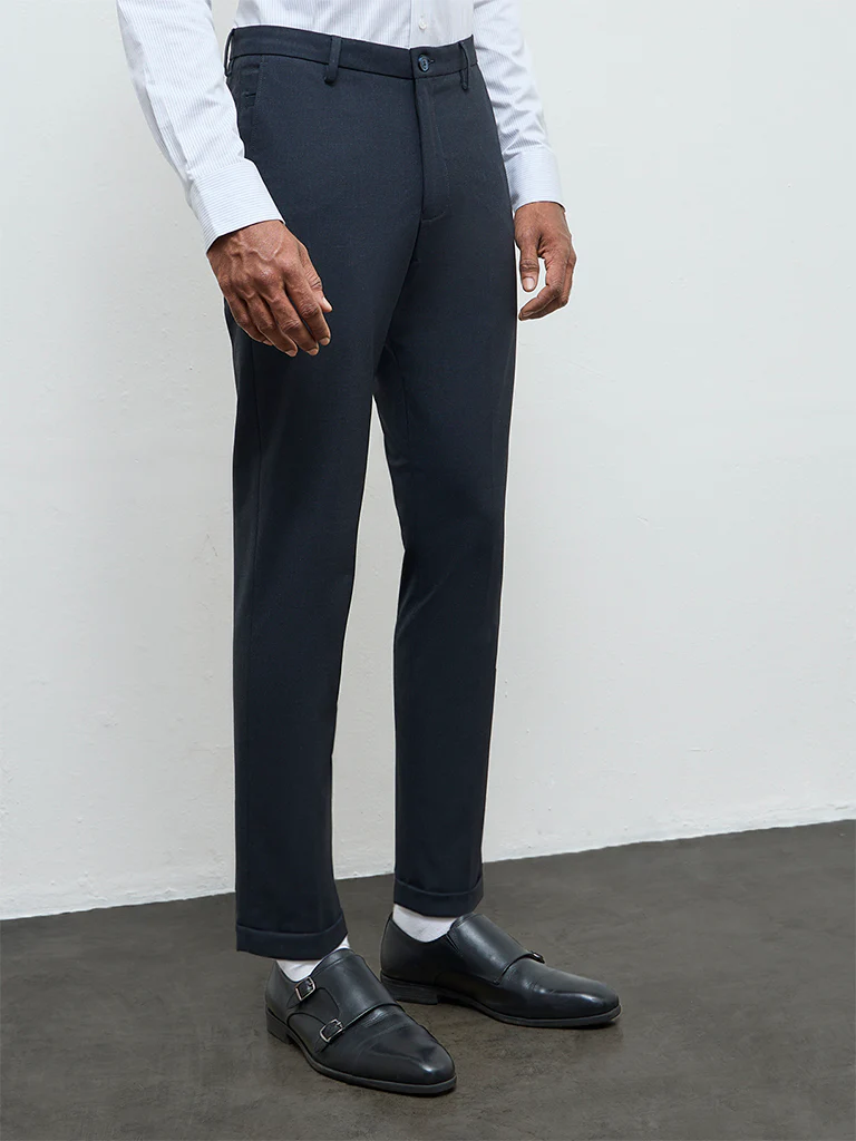 WES Formals Charcoal Textured Carrot Fit Mid-Rise Trousers - Image 3