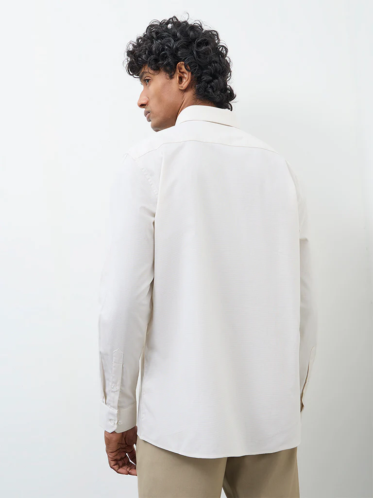 WES Formals Cream Self-Textured Slim-Fit Cotton Shirt - Image 5