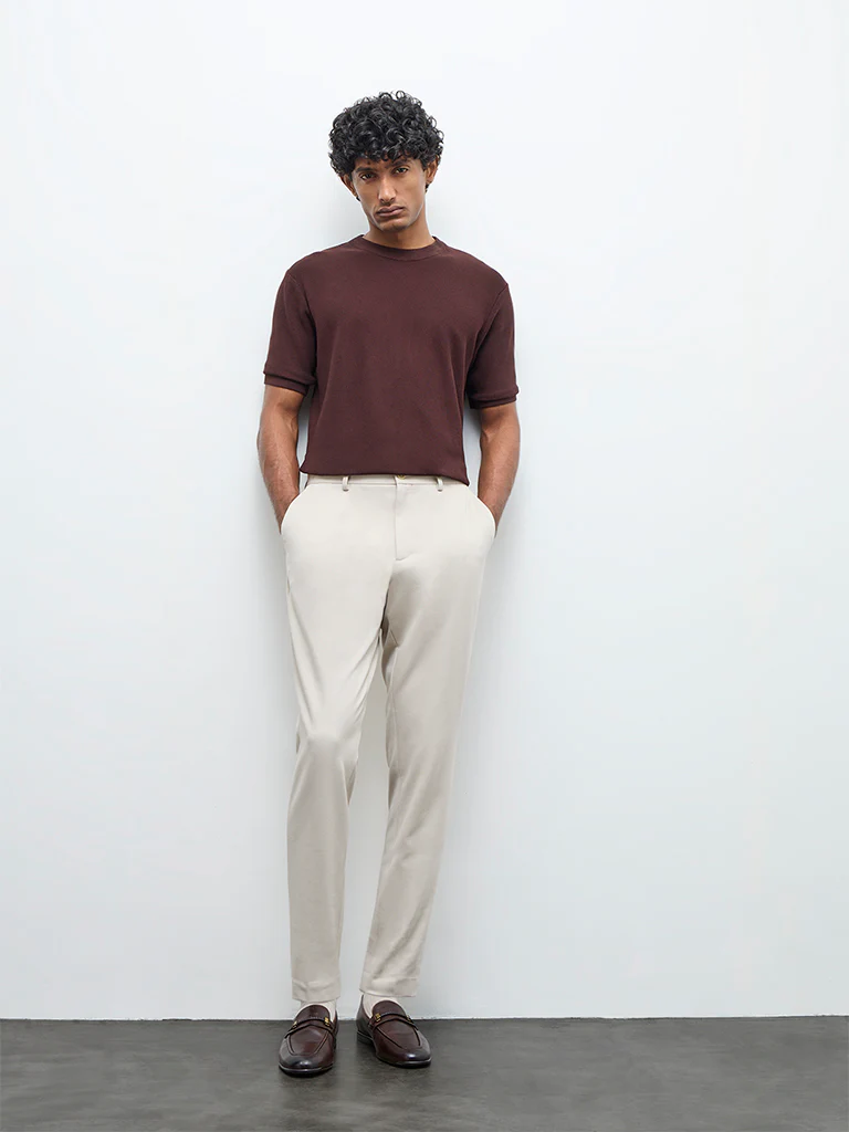 WES Formals Dark Brown Knitted Slim-Fit T-Shirt - Image 2