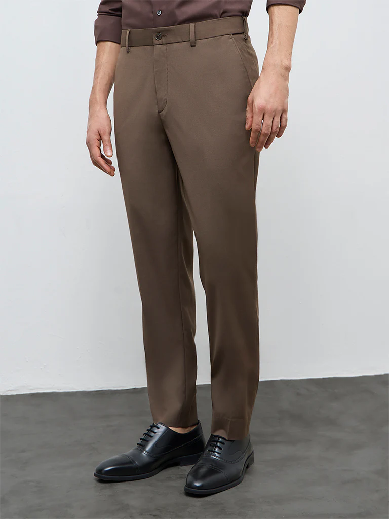 WES Formals Dark Brown Mid-Rise Slim-Fit Trousers - Image 3