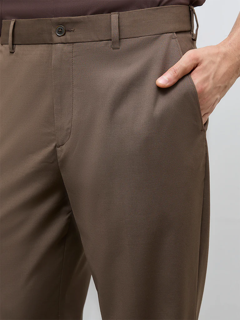 WES Formals Dark Brown Mid-Rise Slim-Fit Trousers - Image 4