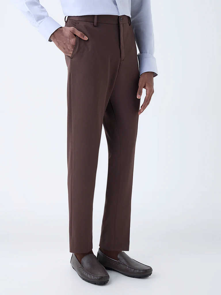 WES Formals Dark Brown Slim-Fit Mid-Rise Trousers - Image 3